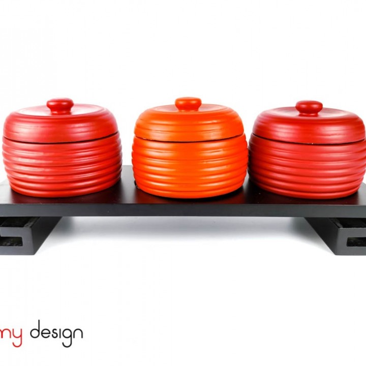 Set of 3 round orange red candy boxes included stand